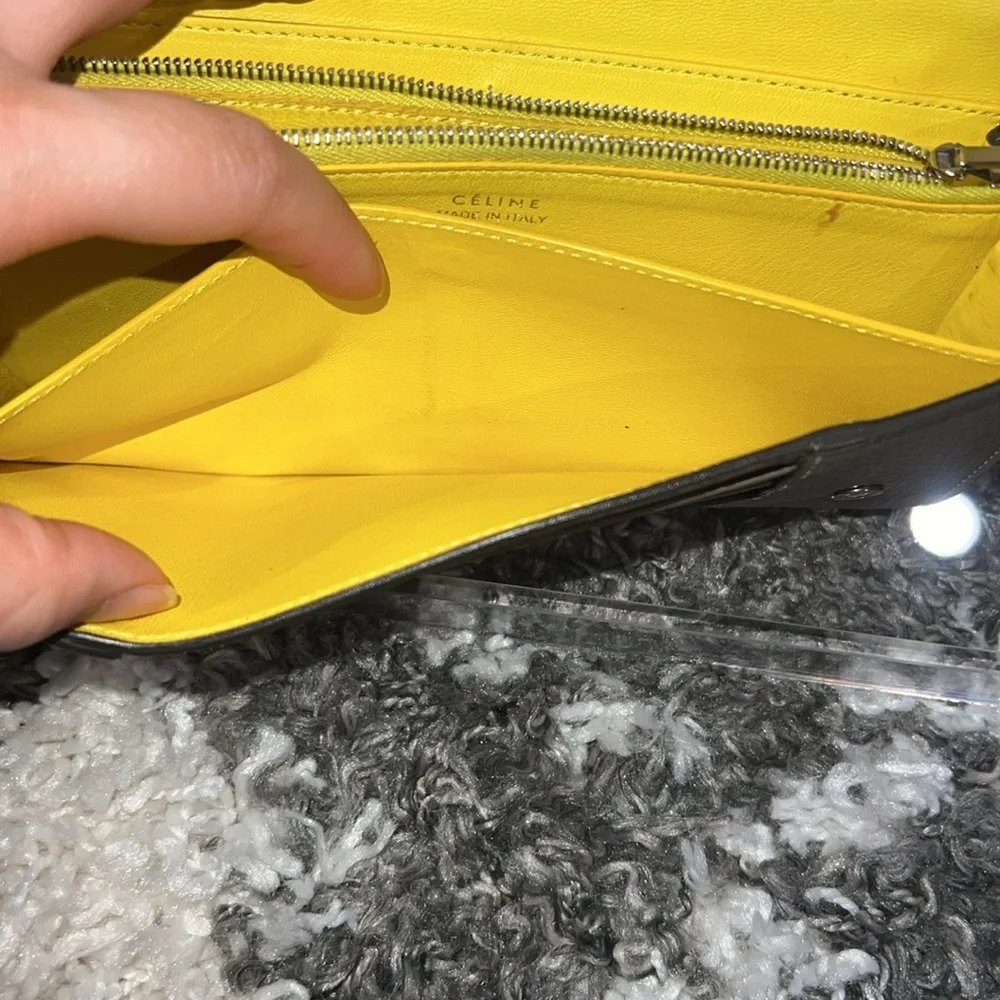Authentic CELINE Calfskin Leather Souris Gray Yellow Large Flap Long Wallet - Picture 8 of 16